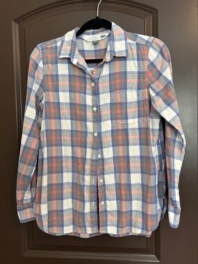 Old Navy Plaid Button-Down Shirt — White, Blue & Coral